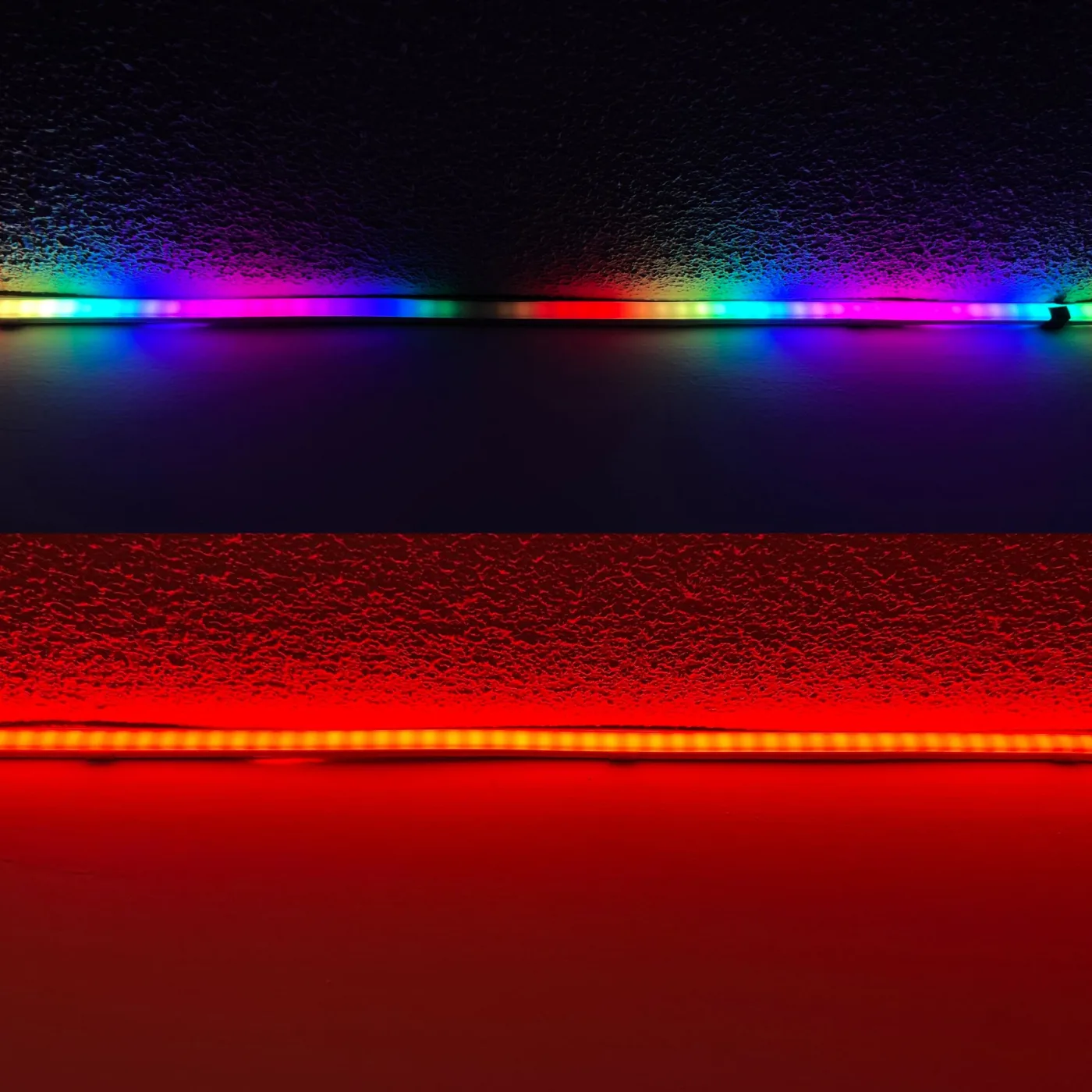 Public reference photograph comparing individually addressable LED strips with non-addressable LED strips