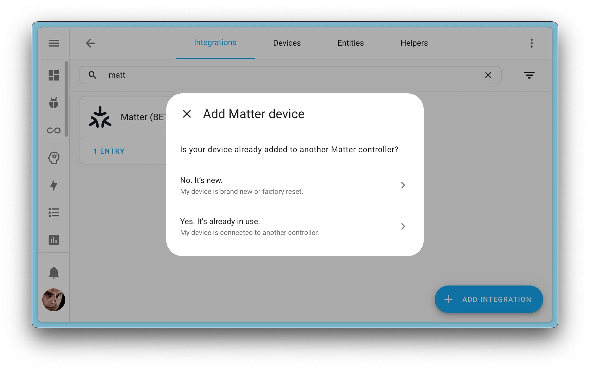 Home Assistant Matter setup screen showing the QR-code commissioning flow