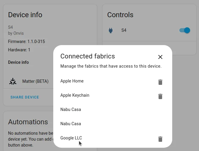 Home Assistant Matter sharing screen showing how a device can be shared with another platform