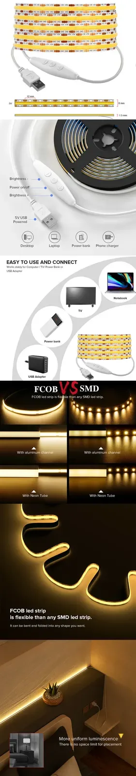 Dimmable COB LED Strip 5V With USB Controller detail 08