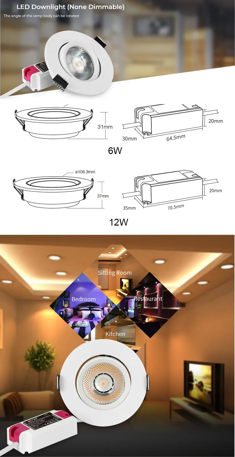 6W/12W Downlight Ceiling None Dimmable Warm White detail 06