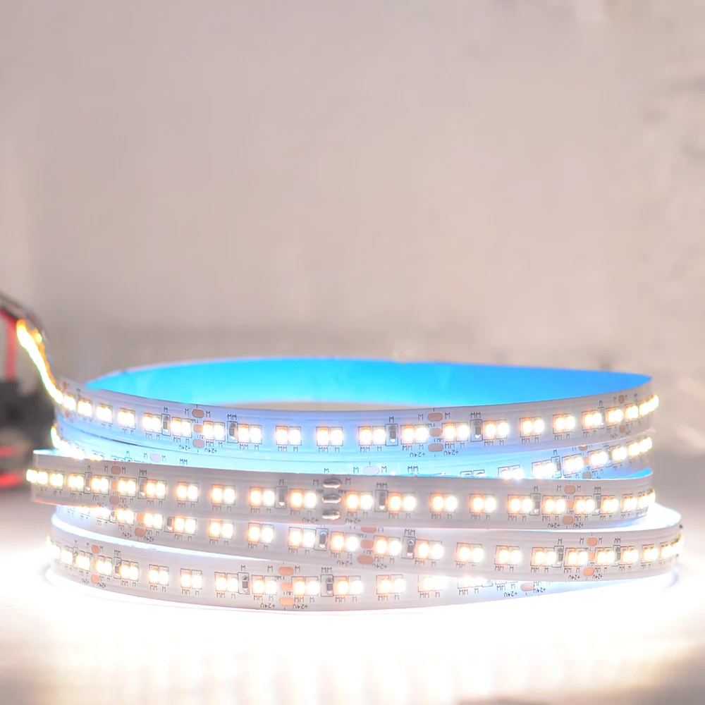 Reference close-up of a tunable-white LED strip and its warm and cool channel layout