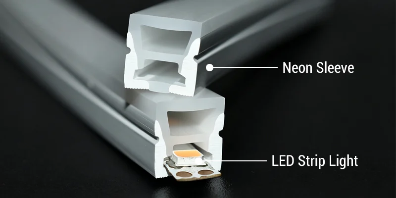 Reference illustration of an LED strip being pulled through a flexible silicone neon sleeve