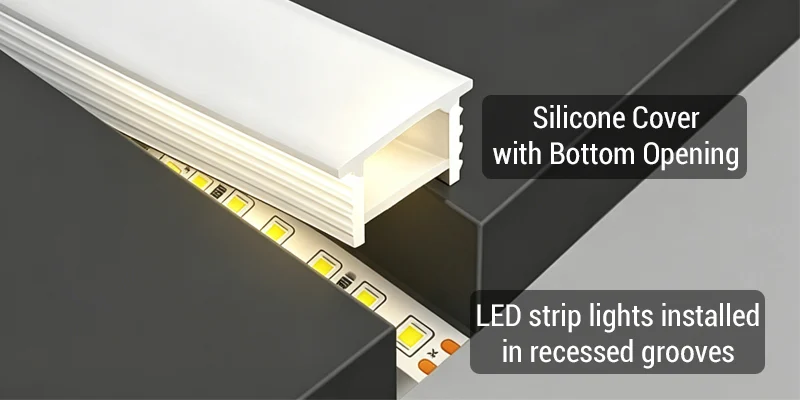 Reference illustration of an open-bottom silicone cover around an LED strip