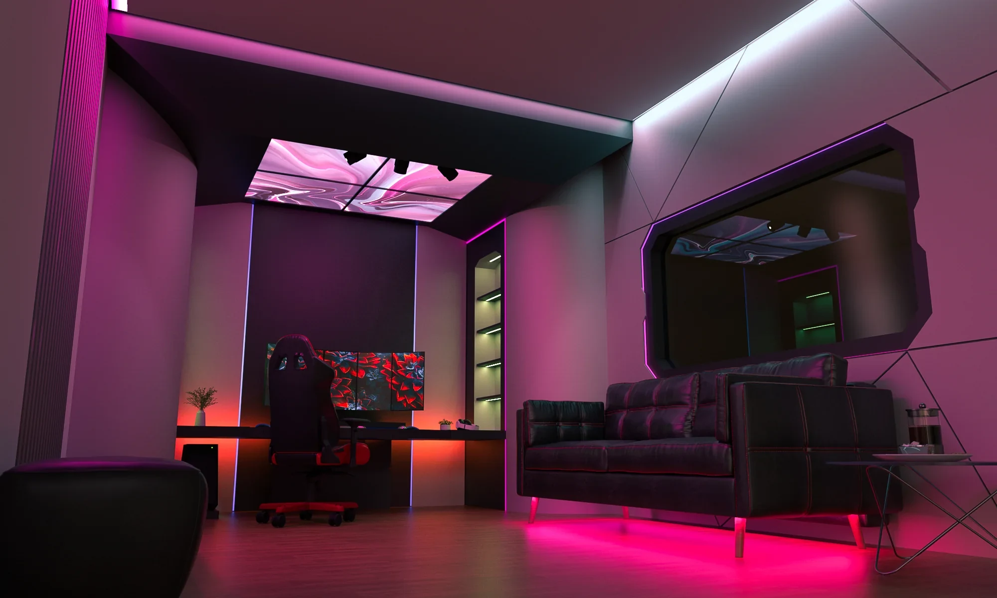 Esports room with LED strip lighting around a gaming setup