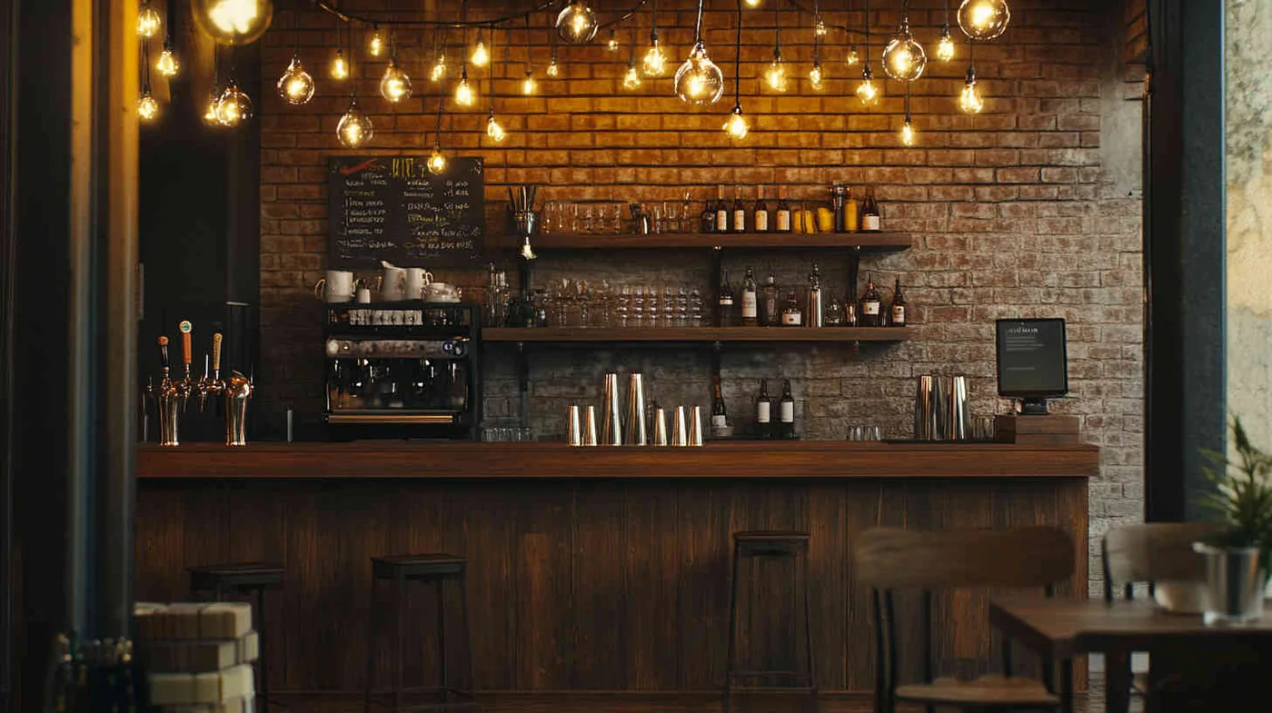 Bar interior with warm decorative and display lighting