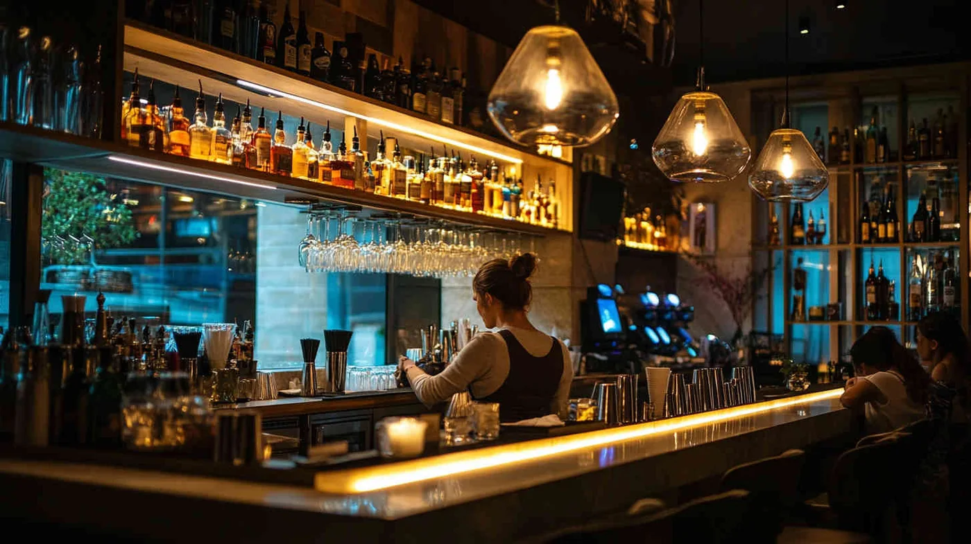 Modern bar with warm layered LED lighting across the counter and seating area