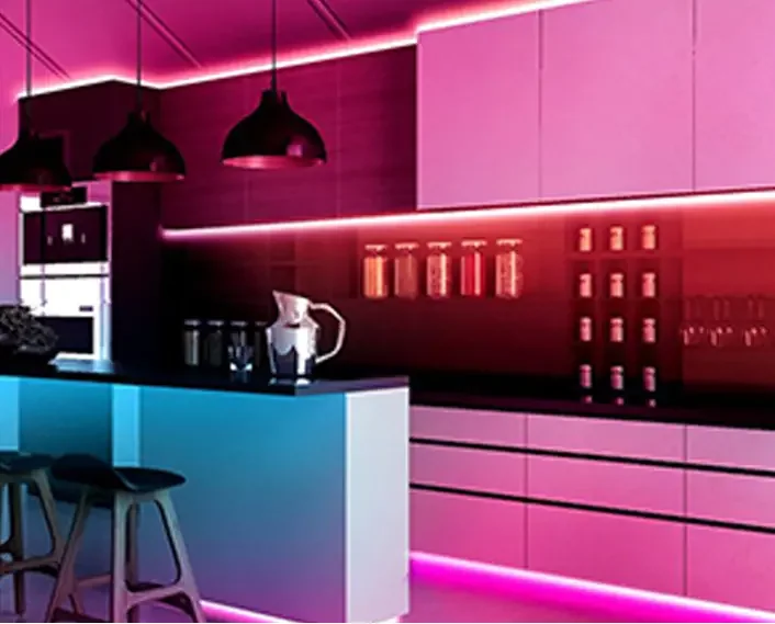 Colourful ambient LED lighting in a bedroom setting