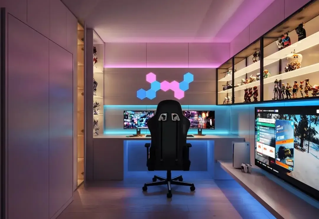 Gaming lounge with multiple play areas and colourful ambient lighting