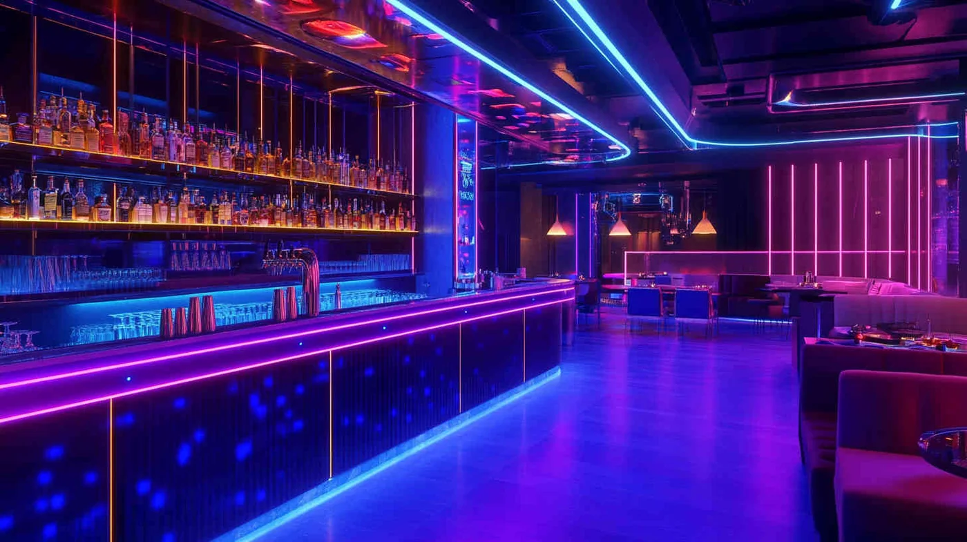 Nightlife venue with saturated blue and magenta architectural LED lighting