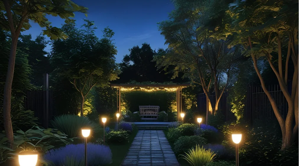 Outdoor deck illuminated with warm low-voltage lighting