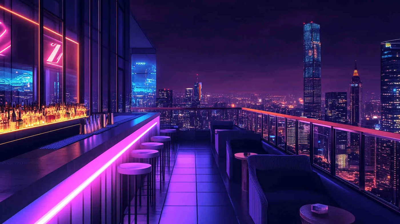 Rooftop bar with layered architectural lighting at night